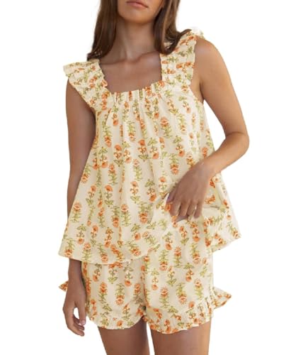 Image of ROAONOCOMO Women Floral Pajama Set Ruffle Babydoll Cami Top Coquette Pj Set Gingham 2 Piece Shorts Outfit Bridal Loungewear