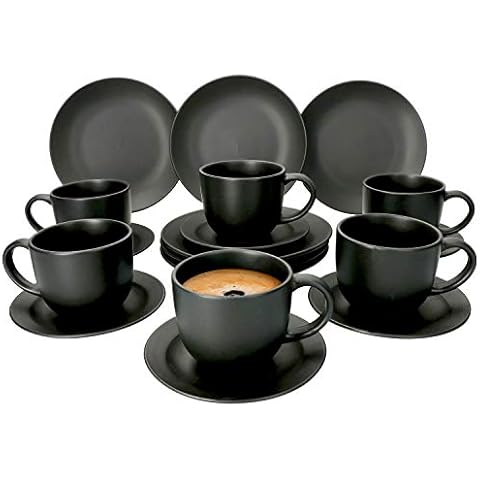 MamboCat 18-teiliges Kaffee-Service Lampart Nero I modernes Steingut-Geschirr-Set für 6 Personen - im modernen Ethno-Stil I Tassen Unterteller Kuchenteller I Kaffeeservice 6 Personen Schwarz matt Cover
