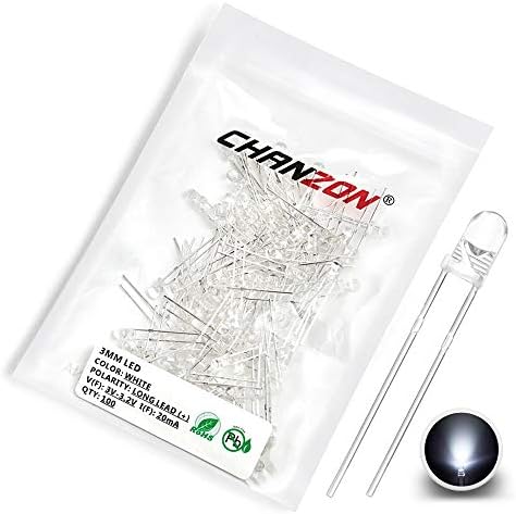 CHANZON 100 pcs 3mm White LED Diode Lights (Clear Round Transparent DC 3V 20mA) Bright Lighting Bulb Lamps Electronics Components Indicator Light Emitting Diodes