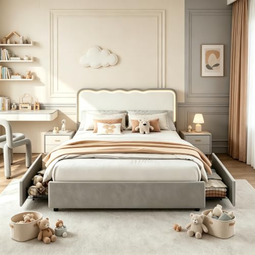 Image of Garvee Irregular Wave LED 2-Drawer Soft Upholstered Bed, Soft Padding