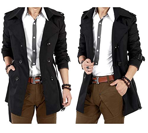 Mens Trench Coat Jacket Belted Cotton Casual Lapel Windbreaker Overcoat4