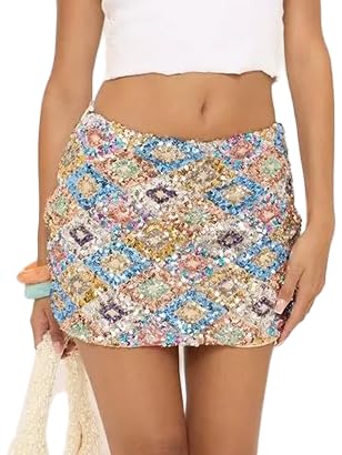 Y2k Sequin Mini Skirt for Women Sparkly Beaded Low Rise Bodycon Micro Skirts Summer Floral Rhinestone Beach Clubwears