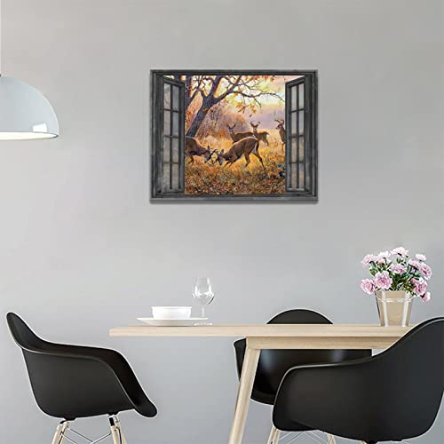 Farmhouse Elk Window Wall Art Rustic Deer Playing Pictures Wall Decor Field Scenery Canvas Prints Framed Modern Home Artwork For Living Room Bedroom Kitchen 16"X12" #TOP3