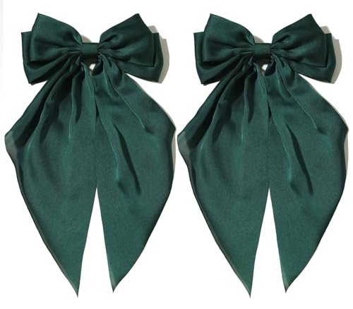 Furling Pompoms Hair Bows for Women - Pack of 2 Dark Green Hair Bow Clips for Girls Satin Big Bows Long Tail Alligator Clip Ribbon Hair Barrette Hair Accessories for Bridal Bachelorette Party