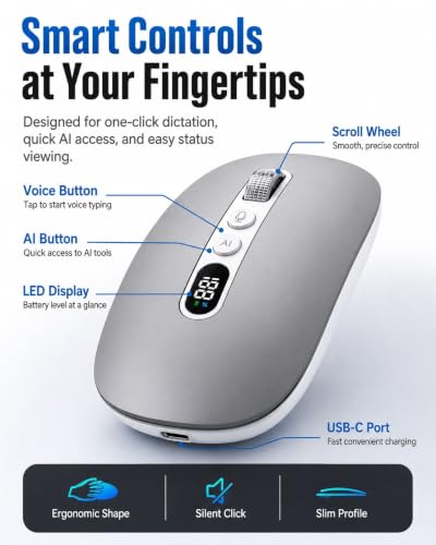 Gftrbn AI Mouse with Voice Typing Smart Wireless ChatGPT Assistant & Voice-to-Text Translator Plug Play Auto Pair Bluetooth Silent Ergonomic Mice with LED Power Display for Mac Laptop PC - Image 4
