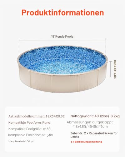 VEVOR Runde Poolfolie, φ 549x147 cm, Innenfolie, Ersatzfolie, Innenhülle, Schwimmbadfolie, Folie aus Vinyl im Überlappungsstil mit Standardstärke, für Aufstellpools mit 137 cm Wandhöhe
