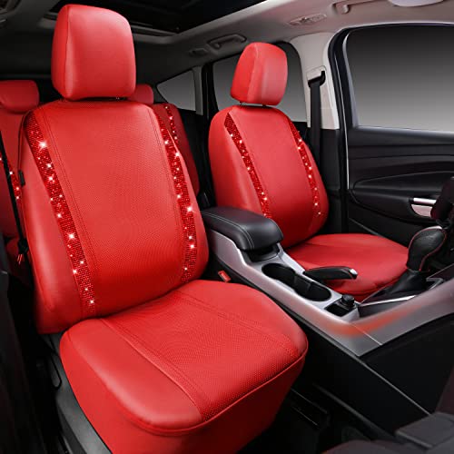 Image of CAR PASS Bling Diamond Car Seat Covers Full Set, Shining Rhinestone Waterproof Faux Leather, Rear with Zipper, Universal Fit Automotive Glitter Crystal Sparkle Strips for Cute Women Girl, Red
