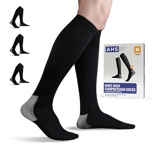 AMERICAN HOSPITAL SUPPLY Knee High Compression Socks | 15-20 mmHg Black Medium| Pack of 3 Pairs