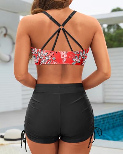 Image of Yonique 3 Piece Tankini Swimsuits for Women Swim Tank Top Bathing Suits with Boy Shorts and Bra Athletic Swimwear