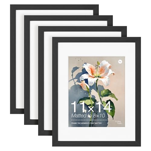LIVINGTASTE 11x14 Picture Frame Set of 4 Wood Solid Veneer Black 11x14 Frames with Mat to 8x10, Wooden 4 Pack 11 x 14 Picture Frame with Shatterproof Plexiglass for Vertical or Horizontal Wall Mounting Display by LIVINGTASTE - Used condition - CA$35.03
