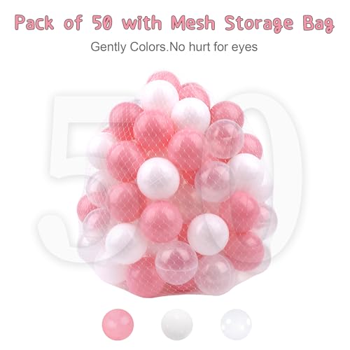 MEOGETY Ball Pit Balls Phthalate Free BPA Free Crush Proof Plastic - Pit Balls with Macaron Color Pink, White, Transparent, 50Pcs