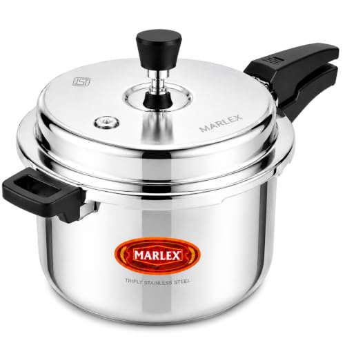 Image of Marlex Triply Stainless Steel 5 Litres Pressure Cooker with Outer Lid | Triply Steel Cooker with 3mm 3- Layer Thick Body, for Multi Cooktop Induction, Gas, Hot plate, Strong Sturdy Handle -5 Year Wrty