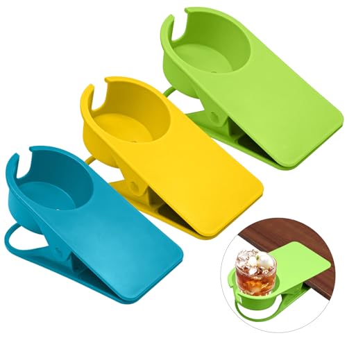 Biaungdo 3 Pack Drinking Cup Holder Clip with Side Hole, Desk Drink Holder Desk Side Clamps Clip Cup Holder Chair Cup Holder for Water Drink Beverage Soda Coffee Mug Holder(Green, Blue, Yellow)