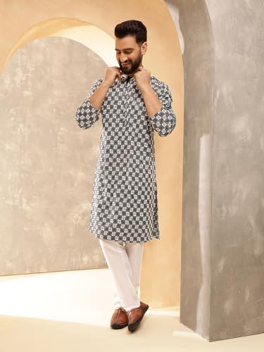 Image of SOJANYA (Since 1958 Men's Cotton Rayon Embroidered Sequinned Kurta with White Pyjama