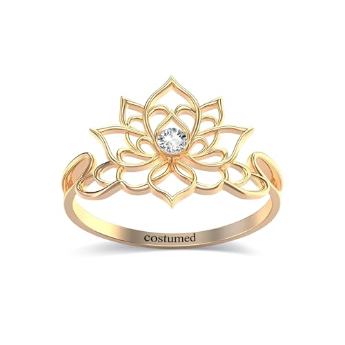 GEHN 10K/14K Real Gold Customized Lotus Ring 10K/14K Solid Gold Birthstone Rings Personalized Name Ring Engagement Wedding Promise Rings Jewelry Gifts for Women