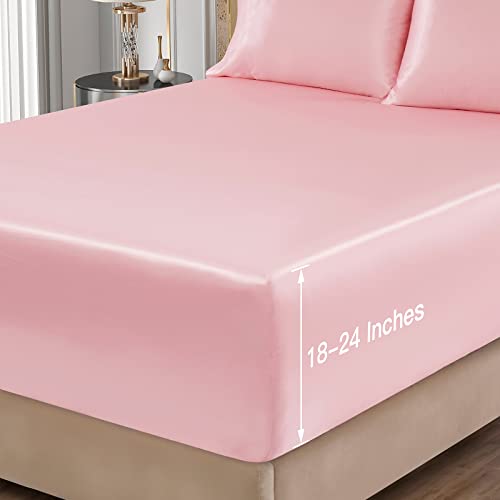 Vacvelt 4Pcs Extra Deep Pocket Satin Sheets Queen Size Bed Set, Pink Satin Sheet Set Fit 18-24 Inch Deep Pocket Mattress, Silky & Luxury Satin Bedding Set Soft & Ultra Deep Fitted Sheet Set #TOP5