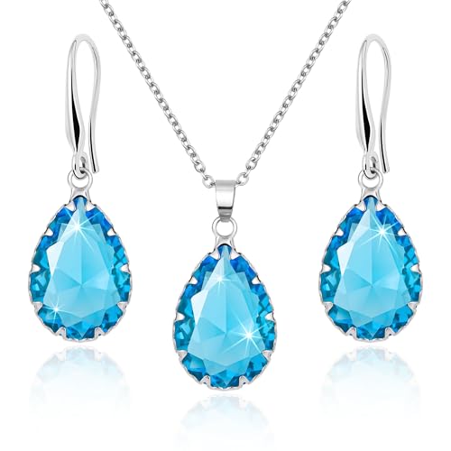Linawe Ensemble de bijoux, parures de bijoux pour femmes, collier à chaîne bleu aigue-marine, pendentif en chaîne en argent, ensemble de boucles d'oreilles pendantes pour femmes