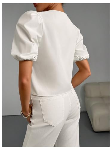 SweatyRocks Women's Summer Puff Short Sleeve Crew Neck Boxy Trendy Blouses Shirt Top2