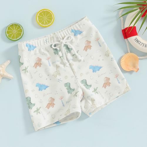 Felcia Badeshorts für kleine Jungen, leger, elastischer Bund, Dinosaurier-Druck, Badehose für Babys und Kleinkinder, Badehose für den Sommer, Cremefarben/Weiß, 6-12 Monate