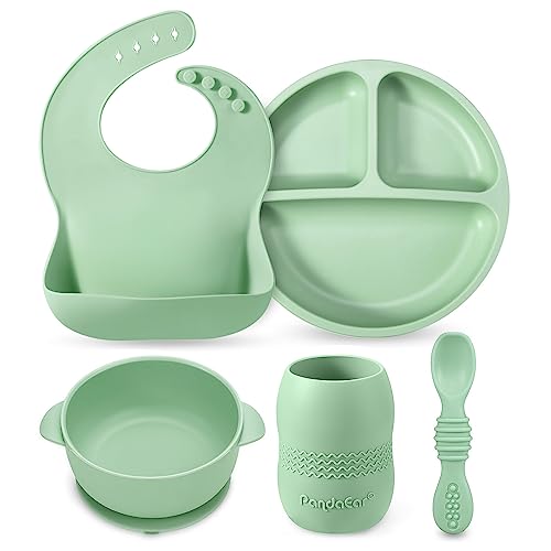 Image of PandaEar Silicone Baby Feeding Set - 6-12 Months | LED Weaning Supplies - Bib + Plate with Suction + Cup + Bowls and Spoon