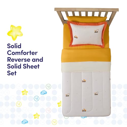 Image of Construction Bedding Set Twin Size - Bed in a Bag with Sheets, Pillowcases & Shams - Soft Construction Bedding Comforter Set with Dump Trucks, Cranes & Bulldozers - Fun Kids Construction Bedroom Decor