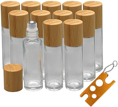 12Pcs 10ml Glass Roll On Bottle with Bamboo Lid for Essential Oils, Creatiee Eco-friendly Refillable Clear Perfume Sample Bottles with Stainless Steel Roller Ball - Portable & Practical
