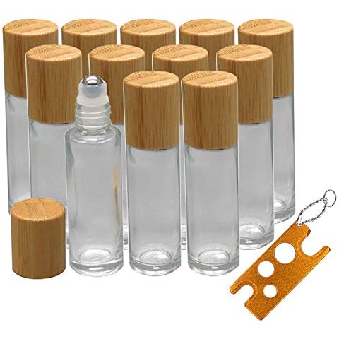 12Pcs 10ml Glass Roll On Bottle with Bamboo Lid for Essential Oils, Creatiee Eco-friendly Refillable Clear Perfume Sample Bottles with Stainless Steel Roller Ball - Portable & Practical… Cover