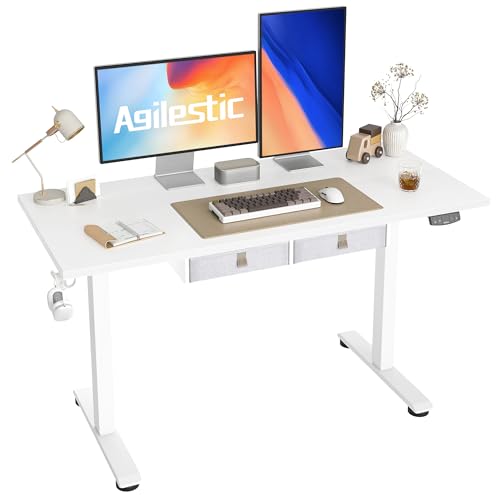 Image of Agilestic Electric Standing Desk with Drawers, 55 x 24 Inches Height Adjustable Desk, Stand up Computer Table with Memory Preset, for Work Office Home, White