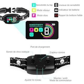 Collier Anti Aboiement pour Chien, Modes Son/Vibration/Choc électrique, Collier Anti-aboiement électrique pour Chien, étanche IP67, 8 Niveaux de sensibilité