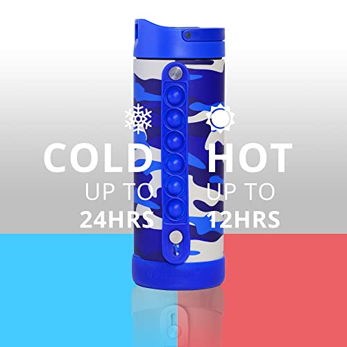 Elemental Iconic Pop Kids Water Bottle For School Girls And Boys | Triple Insulated Stainless Steel Thermos With Straw Lid & Fidget Handle | Flask Water Bottle | Bpa Free Tumbler, 14Oz - Blue Camo #TOP4