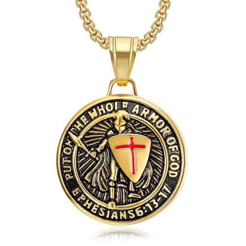 Yaumatea Knights Templar Crusader Cross Necklace, Put On The Whole Armor of God Pendant, Ephesians 6:13-17 Red Cross Jewelry, Stainless Steel Medieval Religious Amulet (Gold)
