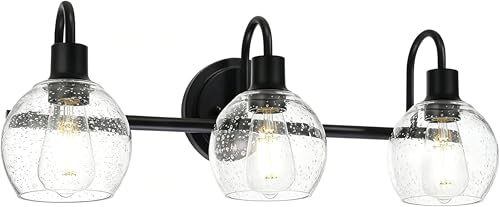Image of Modern 3-Lights Black Vanity Light Fixtures Farmhouse Metal Bathroom Lighting with Seeded Globe Glass for Hallway Kitchen Over Mirror Bedroom