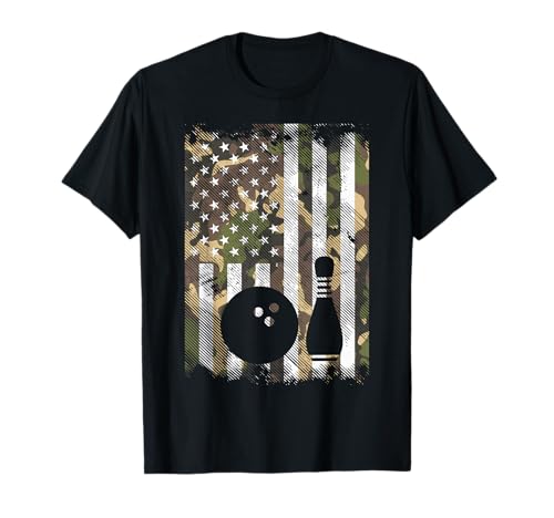 Camo US Flag Bowling Vintage Patriotic Bowler Men Women Kids T-Shirt