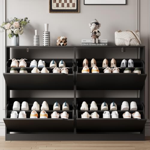 Image of Xixini Shoe Storage Cabinet for Entryway with 4 Flip Drawers, Sturdy Wood Hidden Shoe Storage, Freestanding Narrow Slim Shoe Organizer for Front Door Entrance, Living Room, Hallway, Bedroom, Black