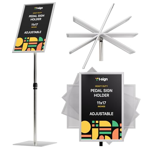 T-SIGN Adjustable Heavy Duty Pedestal Sign Holder Poster Stand - 11x17 Inch Vertical & Horizontal Sign Stand Displayed Poster Holder - Steel Square Base Sign Stands for Display (Silver)