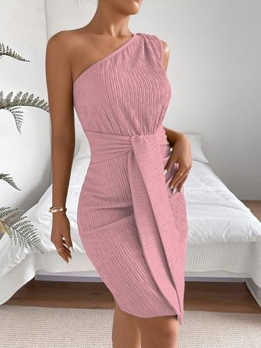 Image of Shasmi Women's One Shoulder Bodycon Dress - Elegant Solid Textured Asymmetric Slim Fit High Waist Pencil Mini Dress | Parties, Cocktail, (Dress-224)