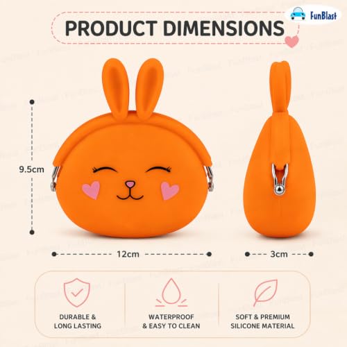 Image of FunBlast Cute Bunny Shape Silicone Coin Purse for Kids & Adults - Mini Pouch for Coins, Earphones, Keys & Small Essentials, Aesthetic Pouches for Girls & Women - 12 X 9.5 X 3 Cm (Bunny-Orange)