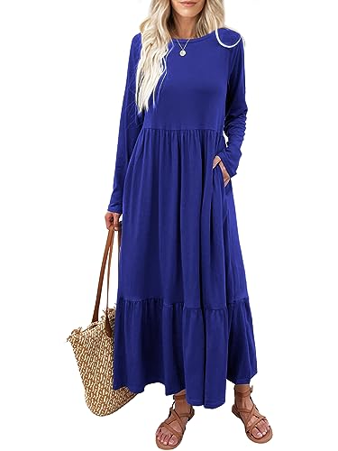 Image of Mieazom Women's Long Sleeves Maxi Dress Casual Loose Tiered Flowy Swing Beach Long Dresses with Pockets