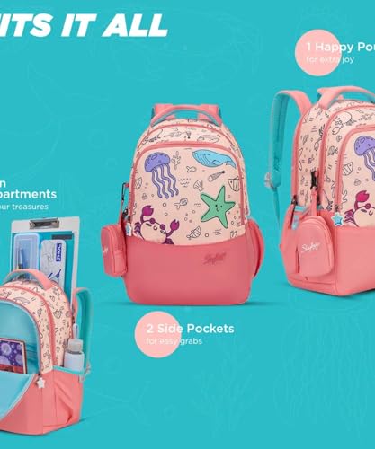 Image of Skybags Ruby Soft Feel Fabric 3 Compartments 2 Bottle Pockets Detachable Happy Pouch 22 Liters School Backpack For Girls