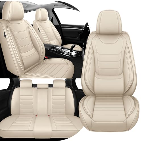 Image of Car Seat Cover Full Set for Toyota Camry Hybrid Seat Covers 2007-2024, Nappa Leather Waterproof Seat Covers For Cars, Airbag Compatible, Universal Automotive Seat Covers(Standard Full Set /Beige)