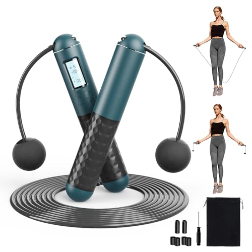 Tuocal Cordless Skipping Ropes for Adults, Ropeless Skipping Rope With Smart Digital Counter, Wireless Weighted Jump Rope with Extra Rope and Storage Bag for Fitness, Exercise, Boxing, Gym