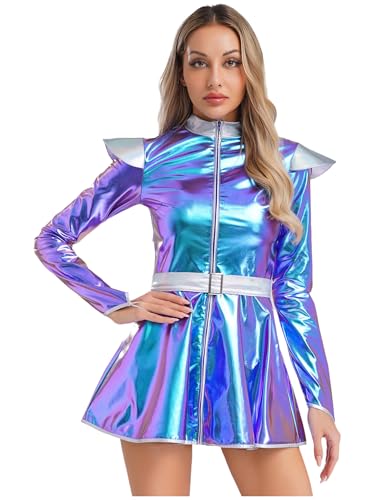 JEATHA Disfraz Metálico De Alienígena Para Mujer Vestido Acampanado Manga Larga Vestido De Astronauta Disfraces De Carnaval Azul 4XL