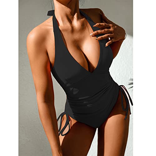 Zando Ruched High Cut One Piece Swimsuit Tie Side Bathing Suit For Women Drawstring Tummy Control Women's One-Piece Swimsuits Sexy Swimsuit For Women Monokini Swimwear For Women Black 12-14 #TOP3