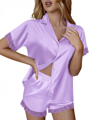Image of Ekouaer Womens Lace Satin Pajama Set Button Down Pj Shorts Set Bridesmaids Getting Ready Outfits Casual Sleepwear XS-XXL