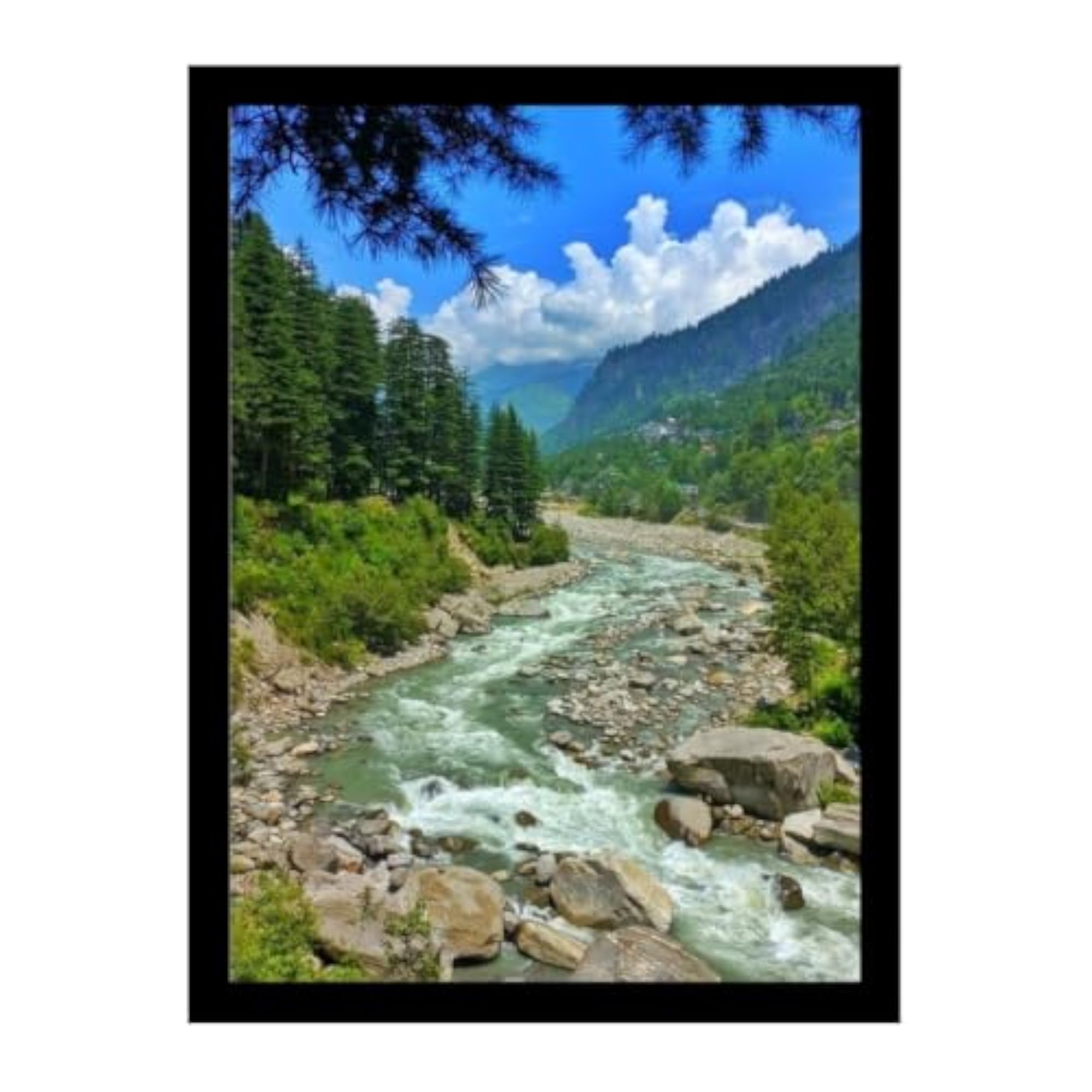 Mountain River Landscape Framed Wall Painting, Nature Decor