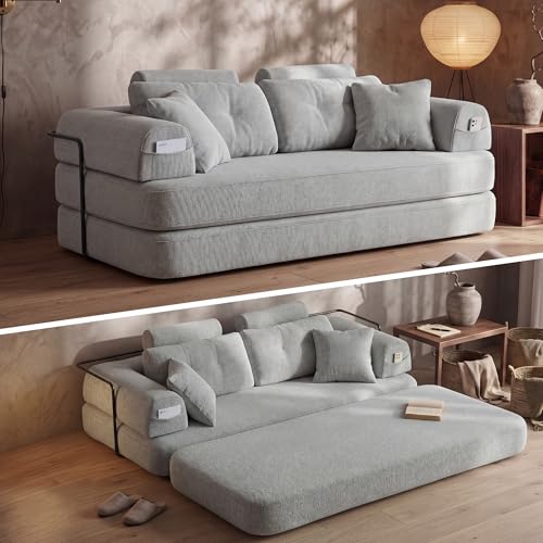 YasuSoofa Boneless Floor Sofa, 3-in-1 Convertible Loveseat Sleeper Futon, Modular Small Space Sofa Bed with High Headrests & Side Storage Pockets for Living Room, No Assembly, Bedroom, Apartment