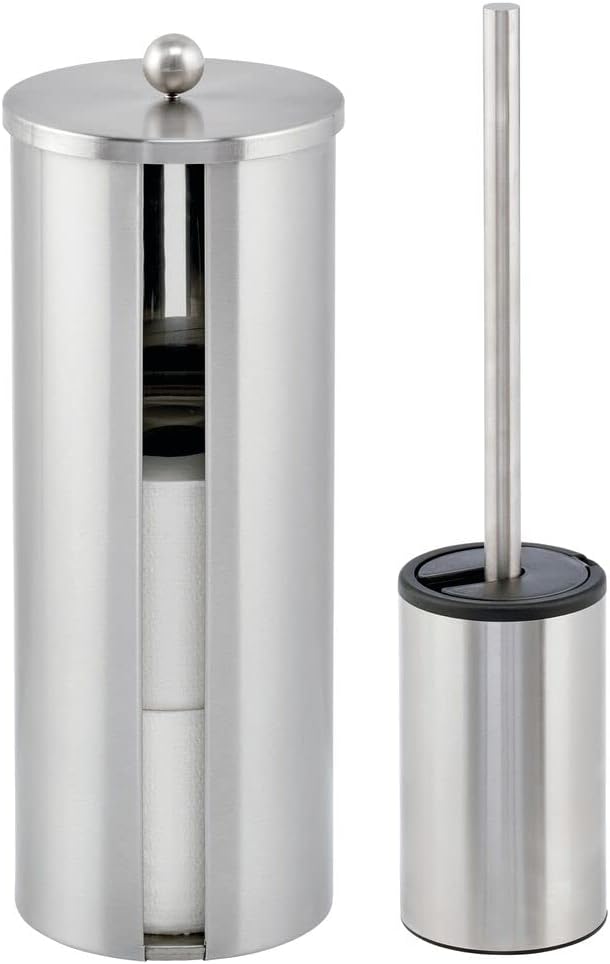 mDesign Stainless Toilet Paper Storage - Covered Bowl Brush and Holder Canister for Bathroom Storage - Free Standing Organizer Container Stand for 3 Extra Rolls of Toilet Tissue - Brushed Steel