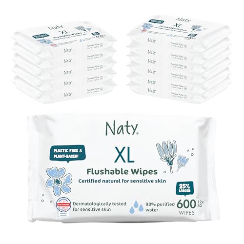 Image of Naty Flushable Baby Wipes XL, 98% Water & Hypoallergenic, 600 Ct. (12 Packs) | Natural for Sensitive Skin, Unscented, Plant-Based, Fragrance-Free, Gentle for Newborn & Toddler