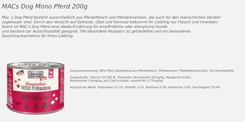 Mac's Dog 6 x 200g Mono Pferd | 99% Fleischanteil | Nassfutter für Hunde | Getreidefrei & für allergieempfindliche Hunde geeignet | In der Eifel hergestellt