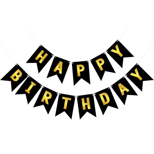 Image of Hooqict Happy Birthday Banner Black and Gold Birthday Decorations for Kids Men Women Black Party Banner Decorations Supplies Wall Door Garland Sign Bunting Flag